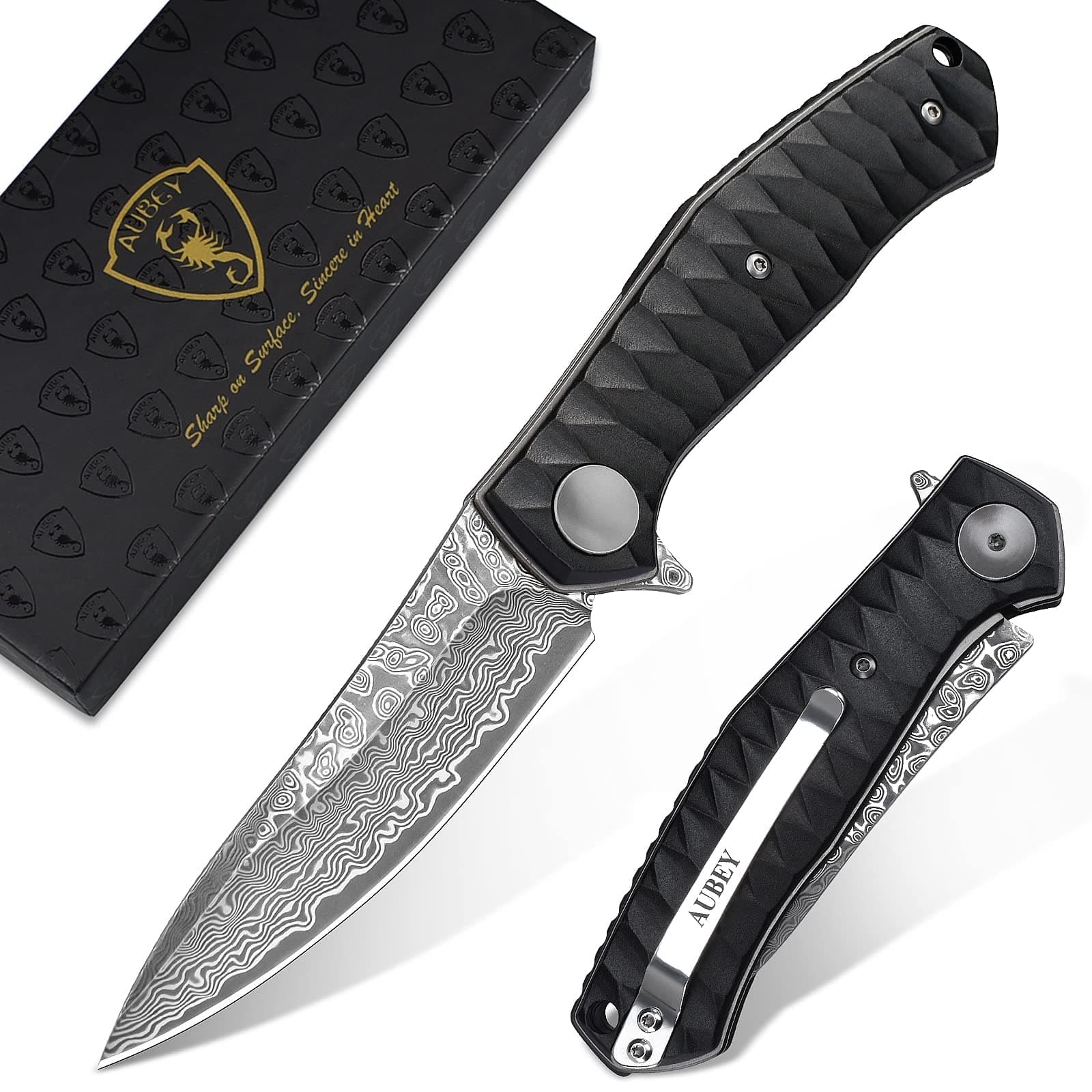 - Damascus Pocket Knife for Men with Clip EDC, 3.23" VG10 Core Damascus Steel Blade Folding Knife with Black Aluminum Handle, Sharp Camping Knife