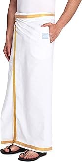 Men's 100% Pure Cotton Welcro Pocket Lungi White With Gold Jari Lungi in Size 2 Mtrs Single Lungi- Pack Of 1 (Velcro Pocket Lungi), Velcro Pocket Lungi, Free Size, Velcro Pocket Lungi, Free