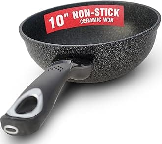 HOME N KITCHENWARE 9-Layered Premium Marble Pan- Ceramic Marble Wok - Easy to Clean Korean Stone-Coated Nonstick, Induction Ready, Cast Aluminum Woks & Stir-Fry Pans - 10 inch