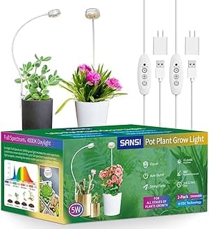 SANSI Grow Lights for Indoor Plants, ETL Listed Pot Clip LED Plant Lights for Indoor Growing, Full Spectrum, 4-Level Dimmable, Auto On Off 3 6 12 Hrs Timer for Small Plants, Garden White 5V 2-Pack
