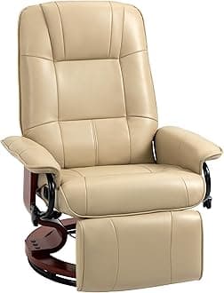 HOMCOM Faux Leather Manual Recliner, Adjustable Swivel Lounge Chair with Footrest, Armrest and Wrapped Wood Base for Living Room, Cream White