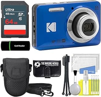 Kodak PIXPRO FZ55 Blue 16MP Digital Camera 5X Optical Zoom 28mm Wide Angle 1080P Full HD Video 2.7" LCD Camera + 64GB Card and Reader + Case + Memory Wallet + Tripod + Cleaning Bundle