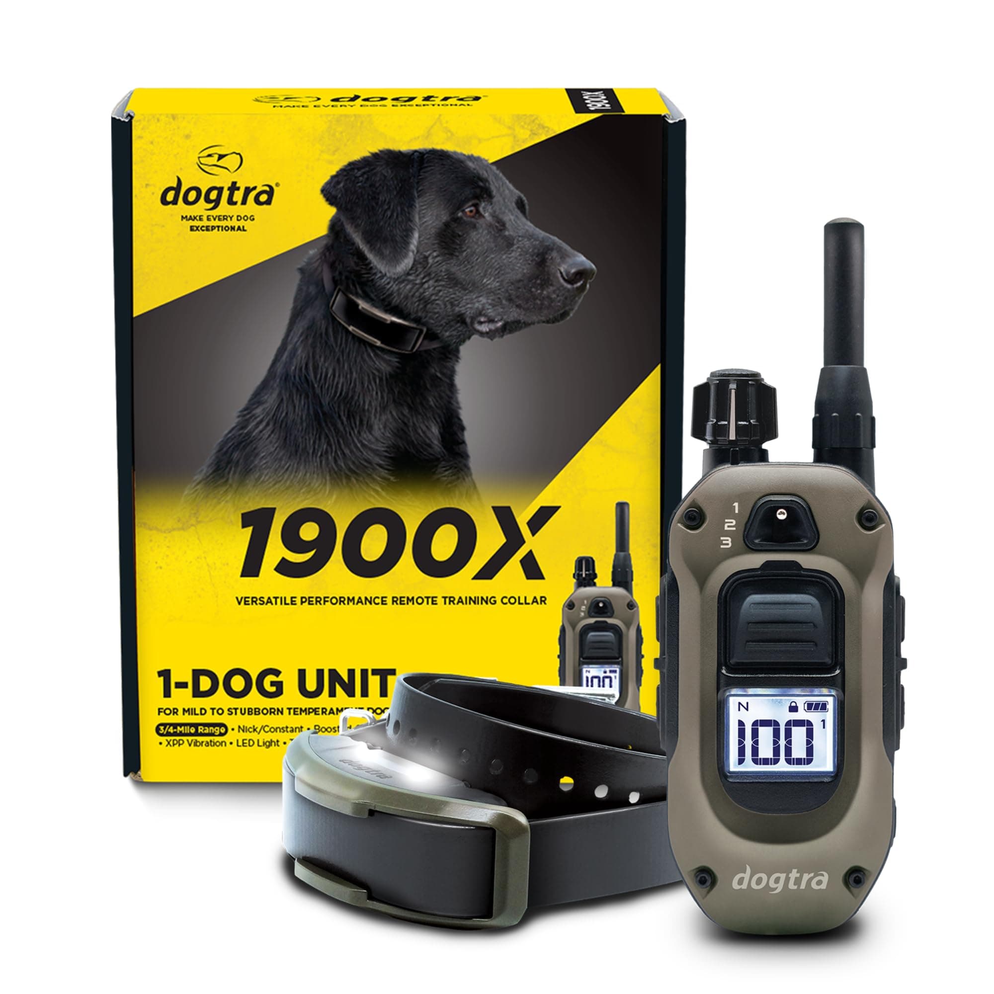 Dogtra 1900X E-Collar with Remote [New Edition] 35 lbs+, 3/4 Mile Range, LED Light, 100 Levels of Precise Control for Stubborn Dogs, Waterproof, Boost for Quick Recall, Vibration, Safety Lock & Tone