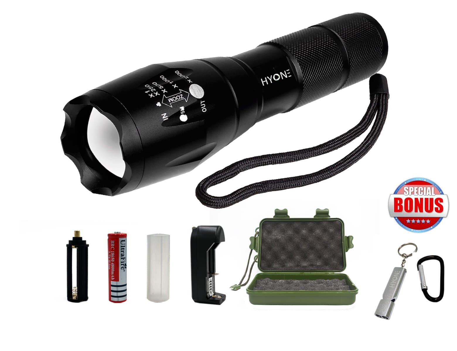 HYONE LED Flashlight Super Bright High Lumen, Portable Tactical Flashlight with 5 Modes, Water Resistant, Rechargeable Battery and Charger Included