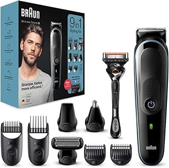 Braun Beard Trimmer Men's Hair Trimmer Razor Included 9 in 1 Styling Kit, 7 Accessories, Ideal for Face, Body, Ears and Nose, MGK5380 All-in-One Black, Valentine's Day Gift Idea