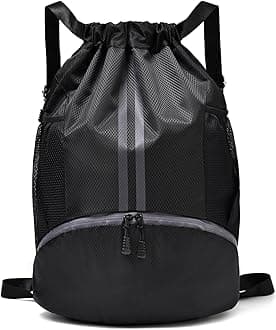 LOKAPEGY Black Drawstring Gym Bag for Men, Waterproof Drawstring Backpack for Women, Swim Bag with Shoes Compartment, Pull String Sport Bag for Soccer and Basketball.