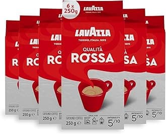 Qualità Rossa, Ground Coffee, 6 x 250 g, Ideal for Moka Pots, with Aromatic Notes of Chocolate and Dried Fruits, Arabica and Robusta, Intensity 5/10, Medium Roasting