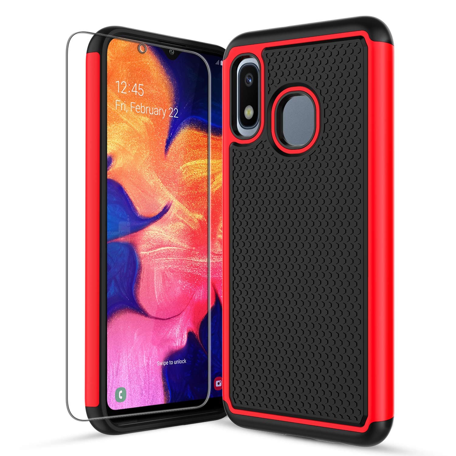 Yadoo-Samsung Galaxy A10e Case with HD Screen Protector [2 Pack], Galaxy A20e Case, w/[Slim Fit] [Non-Slip Design] [Soft TPU] Hybrid Dual Layer Scratch Resistant Shockproof Rugged Phone Cover-Red