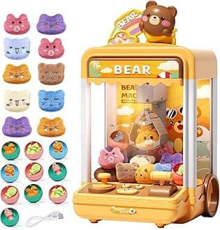 Bear Kids Claw Machine, Mini Candy Vending Grabber, Prize Dispenser Toys for Girls and Boys, Electronic Claw Game Machine for Party Birthdays with Lights Sound, Includes 10 Plush and 10 Mini Toys