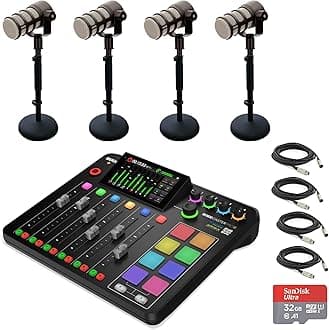 Rode RODECaster Pro II Integrated Audio Production Console with 4x Rode PodMic Dynamic Podcasting Microphones, DS1 Desktop Mic Stands, SanDisk 32GB microSD Card, XLR Cables and StreamEye Cloth