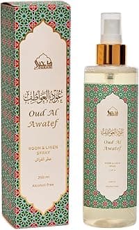 Oud Al Awatef Attar Al Faraash by Dukhni | 250ml Non Alcoholic Spray | Arabic Natural Mist | Air Freshener, Room Mist, Fabric & Linen Spray | Perfect for Prayer mats, beds, sofas, curtains | Halal