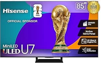 Hisense 85" U7 Mini-LED ULED 4K UHD Best Premium Gaming Google Smart TV (85U75QG, 2025 Model) - QLED, Native 165Hz, VRR 288, Up to 3000 Nits, HDR10+, Dolby Vision IQ · Atmos, IMAX Enhanced, 2.1.2 Ch