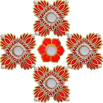 Diwali Decorative 4 Red Lotus Joint MDF Rangoli with Flower Diya Tea Light Candles - for Home Temple Floor Rangoli Decoration Pooja Festival New Year Deepawali Ganesha Chaturthi Durgapuja