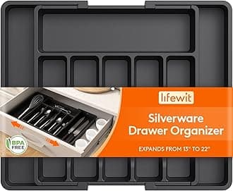 Lifewit Silverware Drawer Organizer, Expandable Utensil Tray for Kitchen, BPA Free Flatware and Cutlery Holder, Adjustable Plastic Storage for Spoons Forks Knives, 13-22 x 15", Black