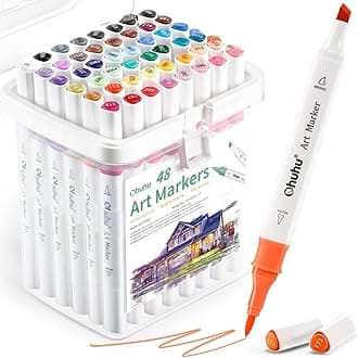 Ohuhu Alcohol Markers Double Tipped Art Marker Set For Kids Adults Coloring Illustration Great Value Pack For Students' Art Class,Better Designed Grip(New 48 Colours,Brush & Chisel),Multicolour