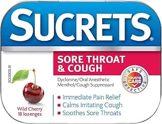Sore Throat Lozenges, Wild Cherry, 18 Count, Immediate Pain Relief with Dyclonine & Menthol to Calm Irritating Cough, Pack of 1