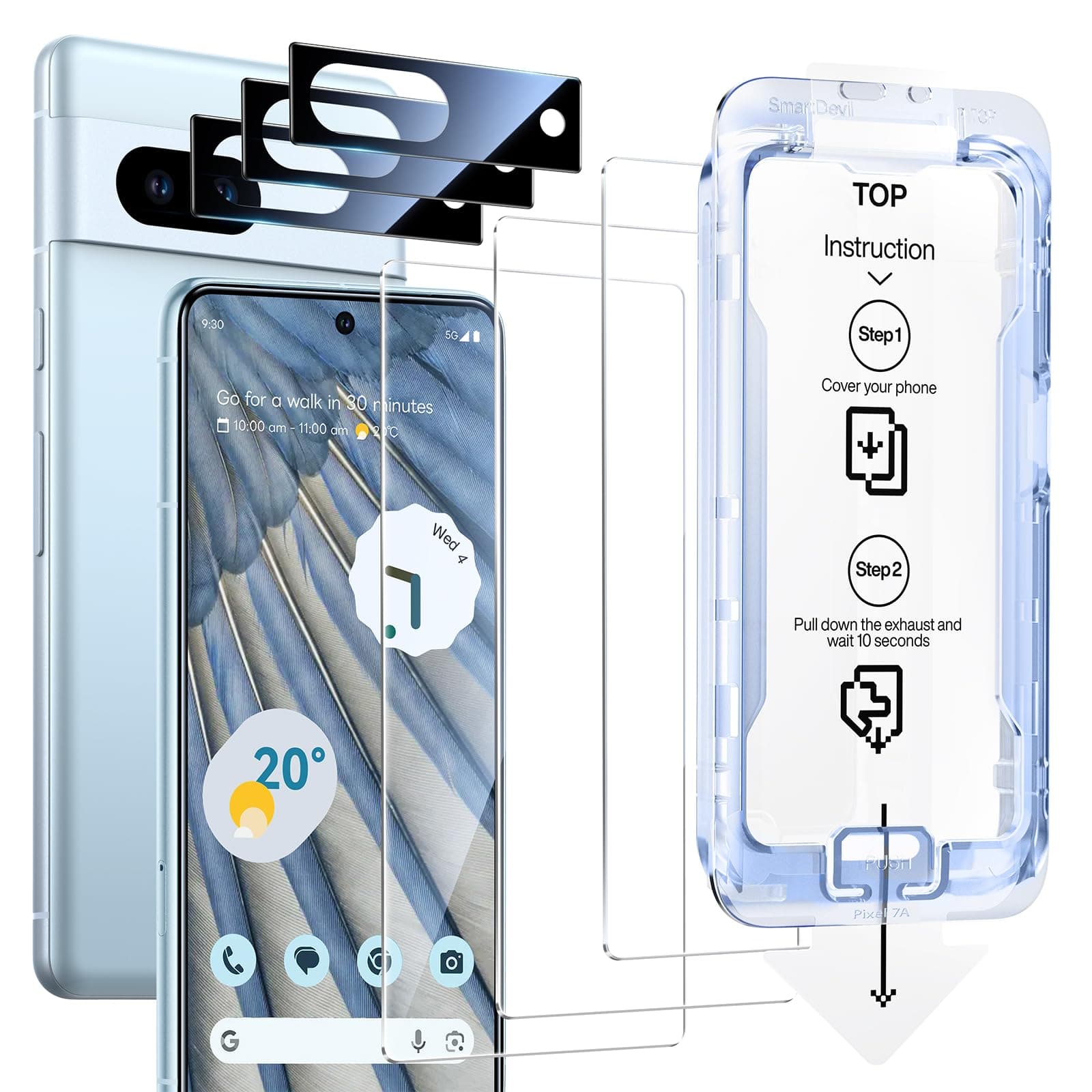 [3+3 Pack] for Google Pixel 7A Screen Protector with Camera Lens Protector, Finger Print Reader Compatible, Fast & Easy Installation, Clear 9H Tempered Glass Film, Alignment Frame