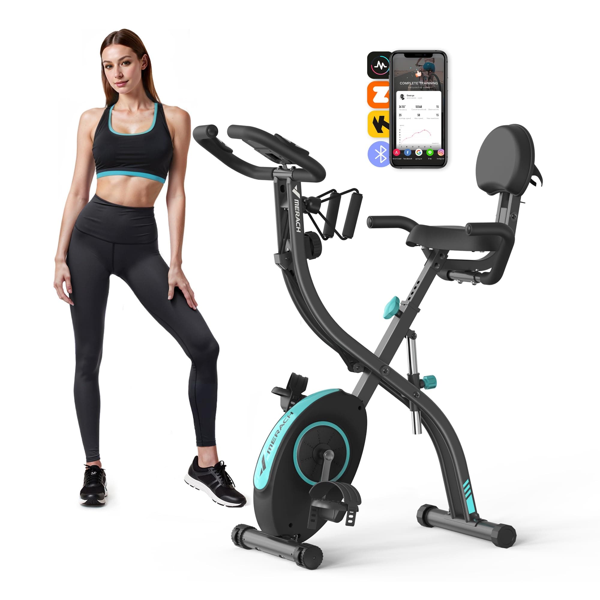 MERACH Multifunctional Foldable Exercise Bike - Exclusive APP for Customizable Plans, 16-Level Magnetic Resistance Folding Stationary Exercise Bike, 300lbs Capacity & Upgraded Comfort Seat Cushion