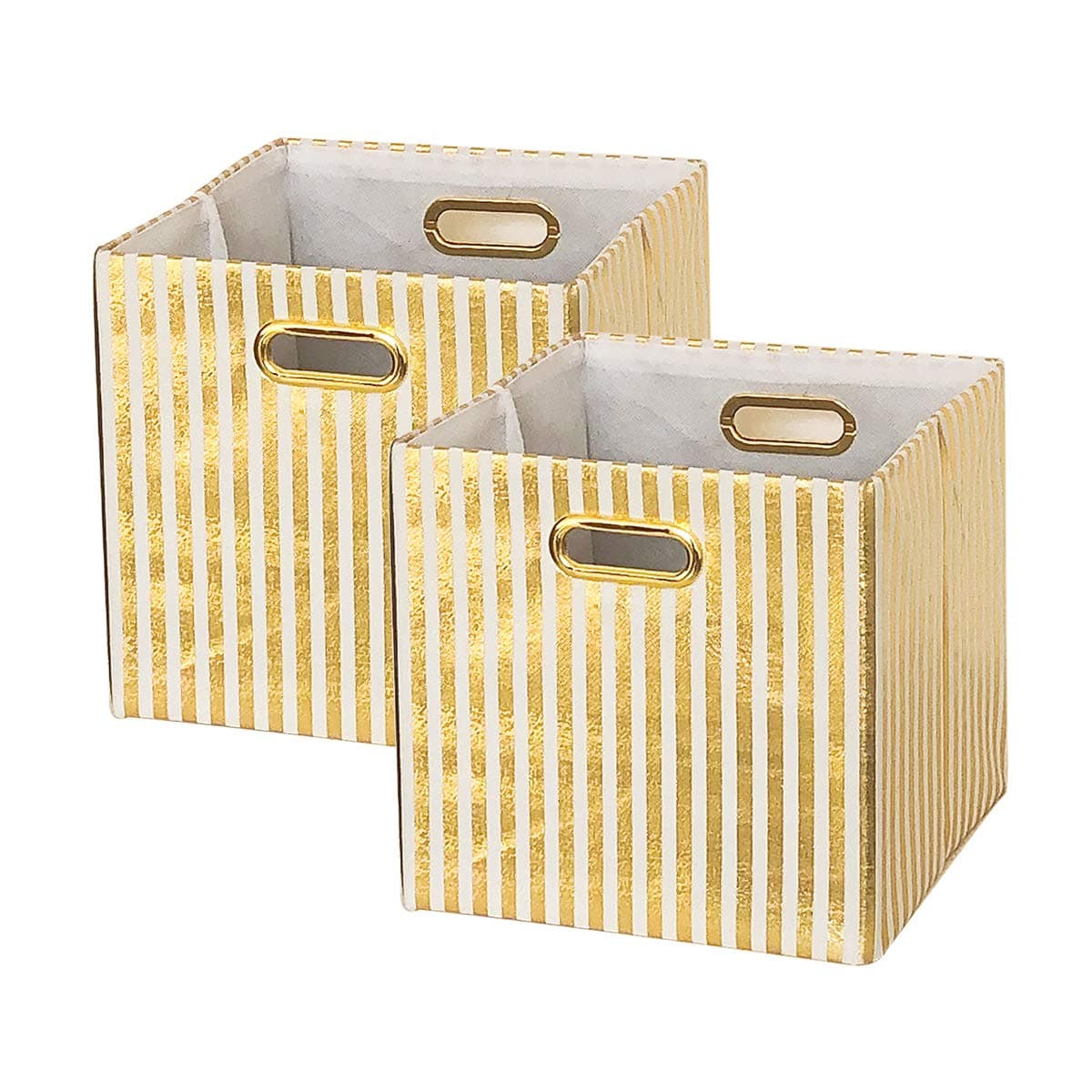 BAIST Cube Storage Bins,Nice Foldable Square Gold Fabric Decorative Cubby Storage Cubes Bins Baskets for Nursery Bedroom Shelf 2 Pack,White Gold Stripe 2