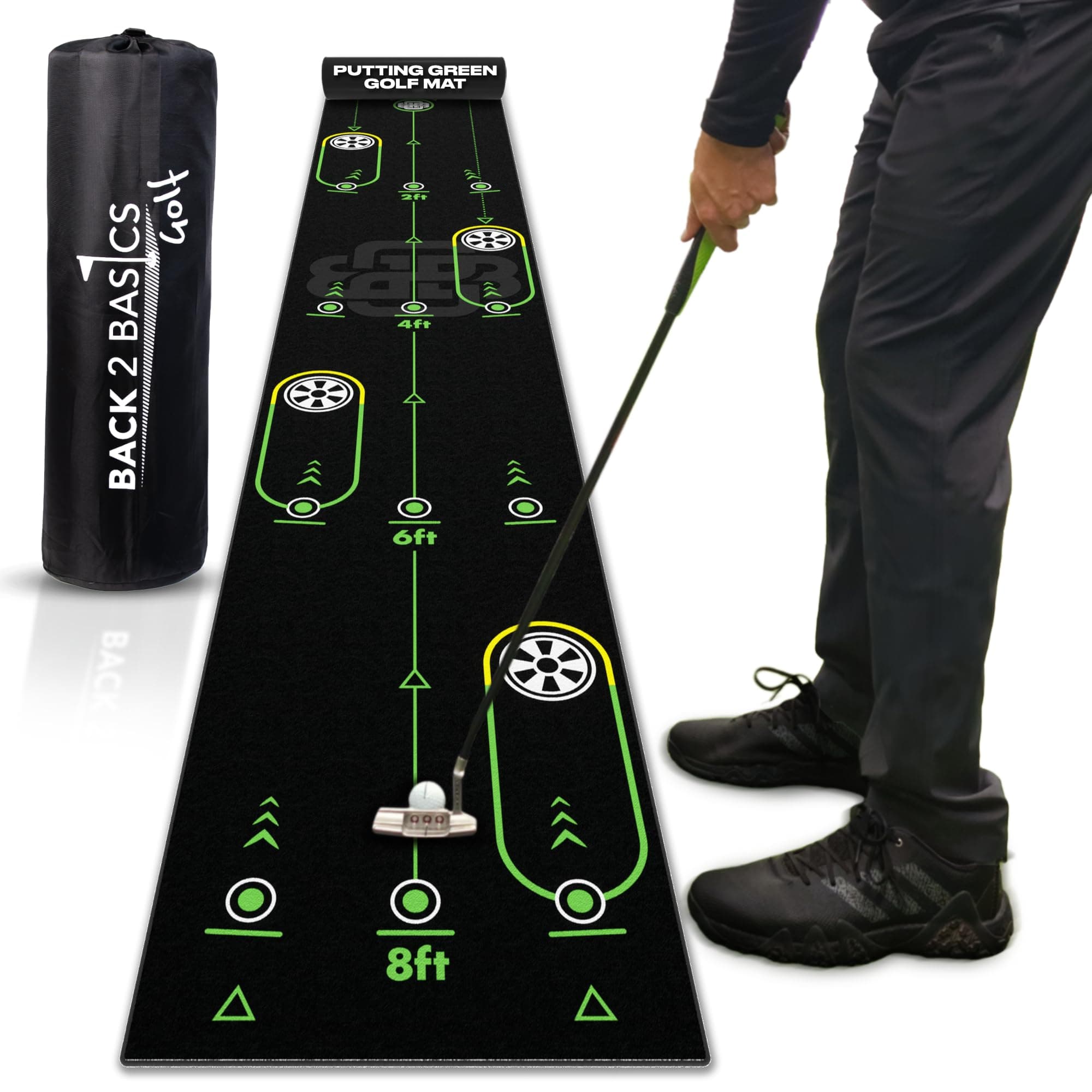 BACK 2 BASICS Golf Playoff Putting Mat Mimics Real Putting Green with Drill & Game, Perfect Practice & Training Aid for Golfers Indoor or Outdoor - 10' Length x 1' Width