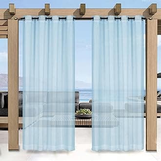 Outdoor Curtain for Patio, Blue Linen Look Semi-Sheer Curtains Waterproof Light Filtering Voile Outside Grommet Drapes for Pergola Balcony Pool Indoor 2 Panels, W52 x L96