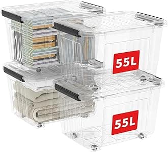 Cetomo 55L*4 Plastic Storage Boxes with Wheels, Lidded Storage Box with Secure Side Latches, PP Nestable and Stackable Clear Organizer for Home, Office, Moving, Transparent, 55L-4 Pack