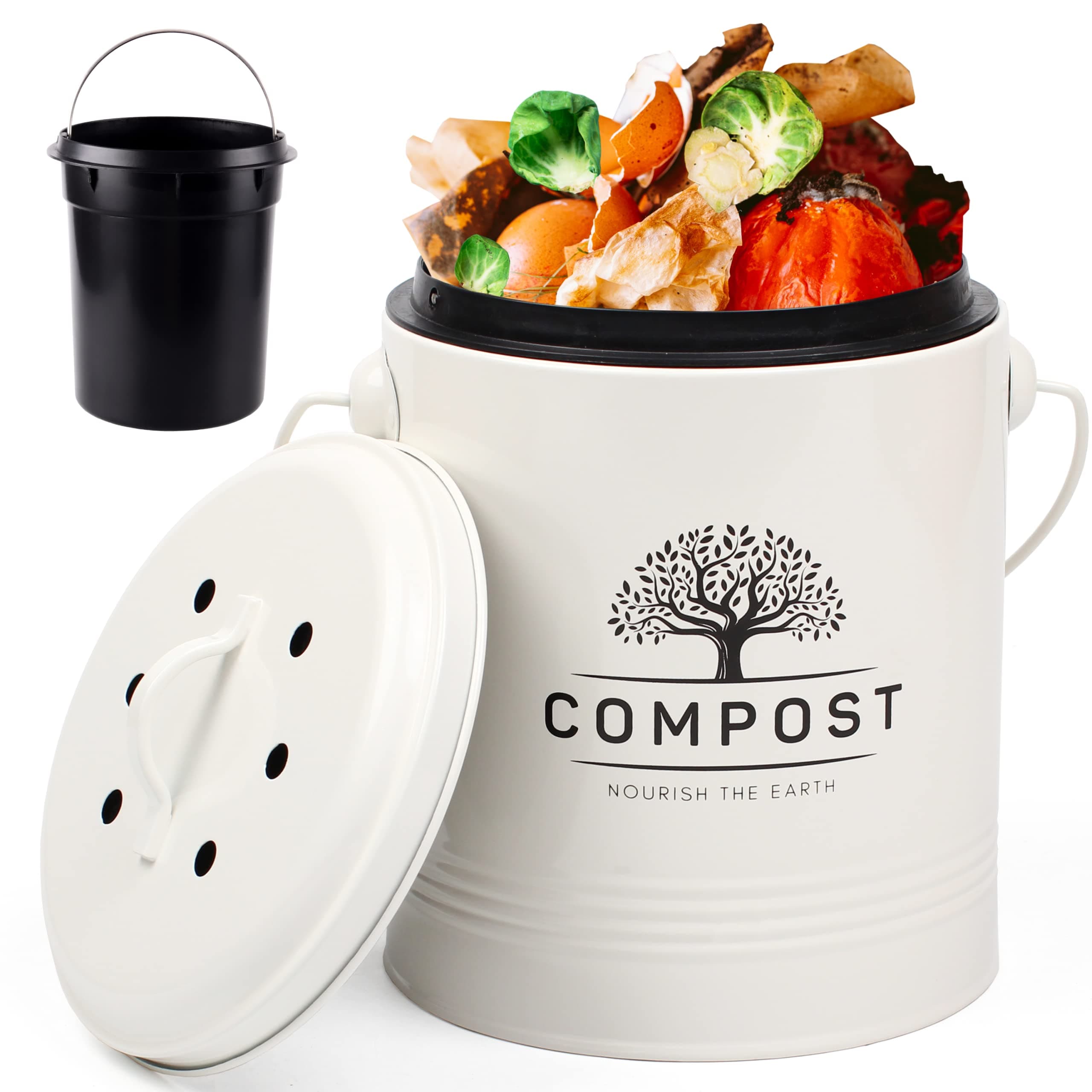 Perfnique Kitchen Compost Bin, 1.3 Gallon Countertop Compost Bin with Lid, Indoor Compost Bucket Includes Inner Bucket Liner and Carbon Filter, Small Compost Bin (Without Bags, Cream)