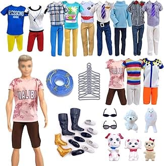 51 Pcs Clothes and Accessories for Ken Doll, 11 Casual Tops 7 Trousers 5 Pants for Boy Doll Shoes Sunglasses Swimming Ring Toy Dogs Hangers Xmas Gift for 12 Inch Boy Dolls(Doll Not Included)