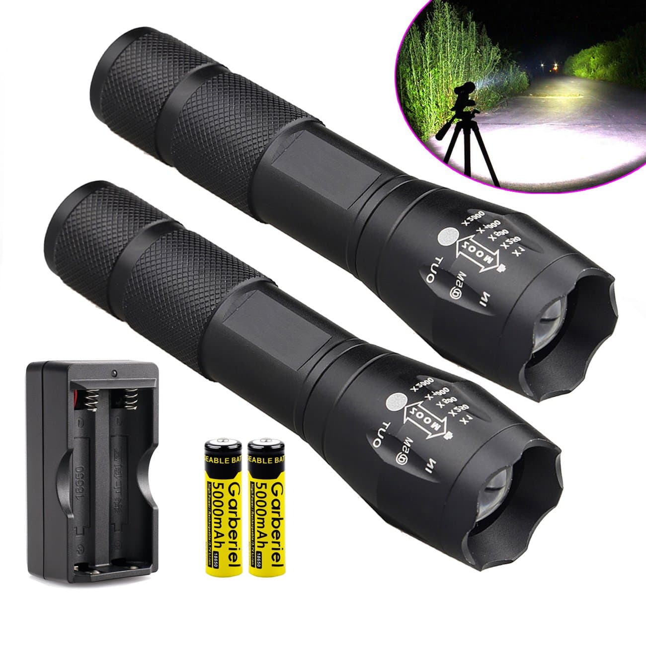 WishDeal 2 Pack T6 LED Flashlight Torch Adjustable Focus Zoomable Flashlight + 2 x 18650 Batteries + Charger