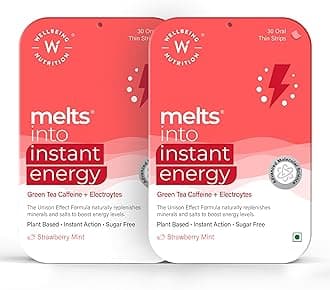 Melts Instant Energy, 100% Plant Based Green Tea Caffeine, Essential Electrolytes and Vitamins for Endurance, Sports Hydration, Pre Workout Energy Boost - 60 Oral Strips