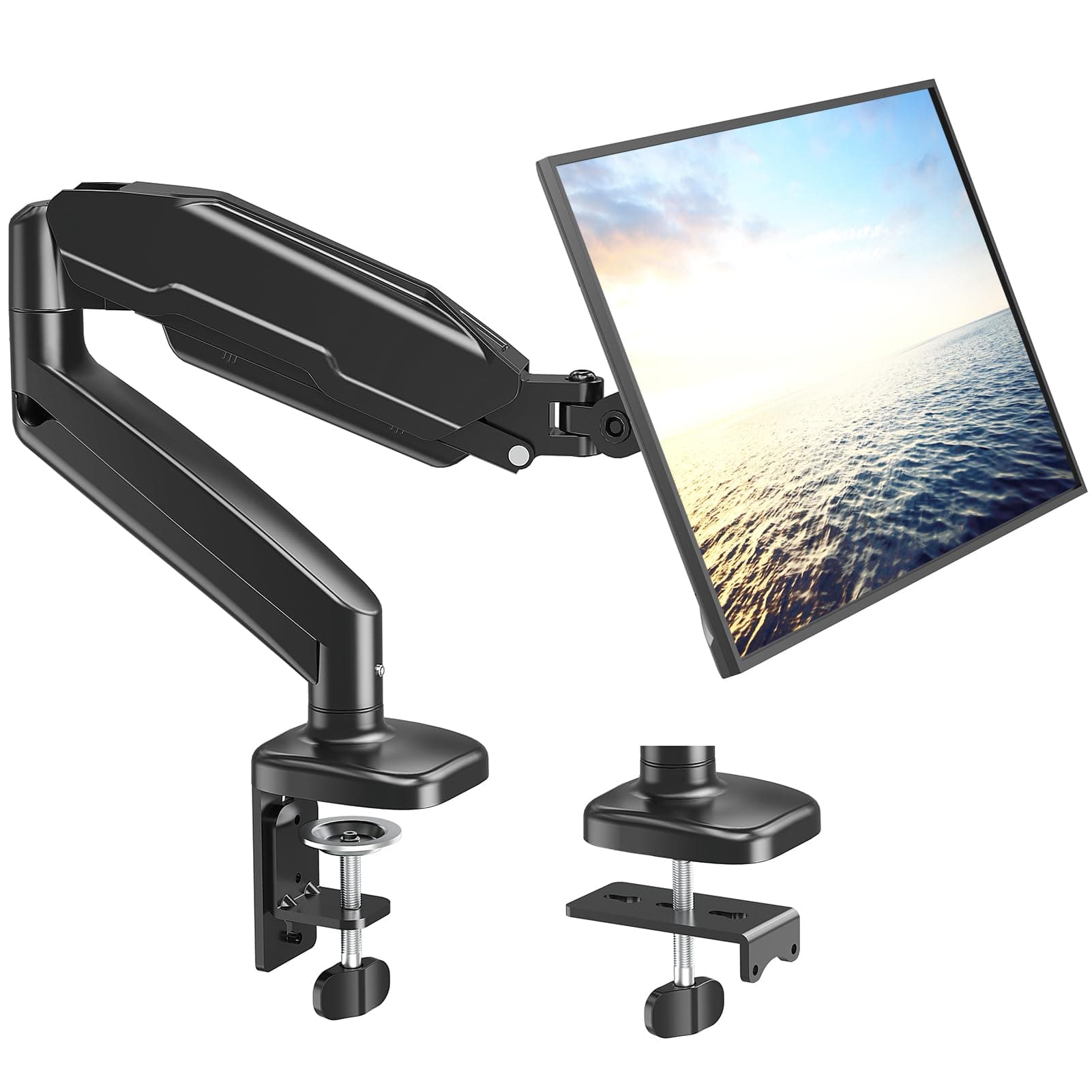 MOUNT PRO Single Monitor Desk Mount - Articulating Gas Spring Arm, Removable VESA Monitor Mount Computer Monitor Stand with Clamp and Grommet Base Fits 13 to 32 Inch Screen, VESA 75x75, 100x100, Black