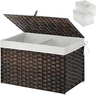 GREENSTELL Storage Basket with Lid, 65L Small Wicker Basket with Lid, Handwoven Blanket Storage Basket with Handles, Removable Cotton Liner, Metal Frame, Foldable for Bedroom, Laundry Room, Brown