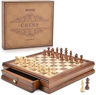 12.8" x 12.8" Magnetic Wooden Chess Set with 2 Built-in Storage Drawers - 2 Bonus Extra Queens - Gift Packaging - Staunton Chess Pieces, Board Games Chess Sets for Adults and Kids