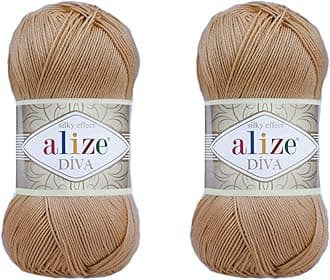 Diva Microfiber Acrylic Yarn - Silk Effect Thread for Crochet & Lace Craft - Lot of 2 Skeins, 200gr, 767 yds (Caramel)