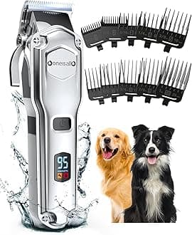oneisall Dog Clippers for Grooming for Thick Heavy Coats/Low Noise Rechargeable Cordless Pet Shaver with Stainless Steel Blade/Waterproof Dog Shaver for Dogs Pets and Animals (Sliver)