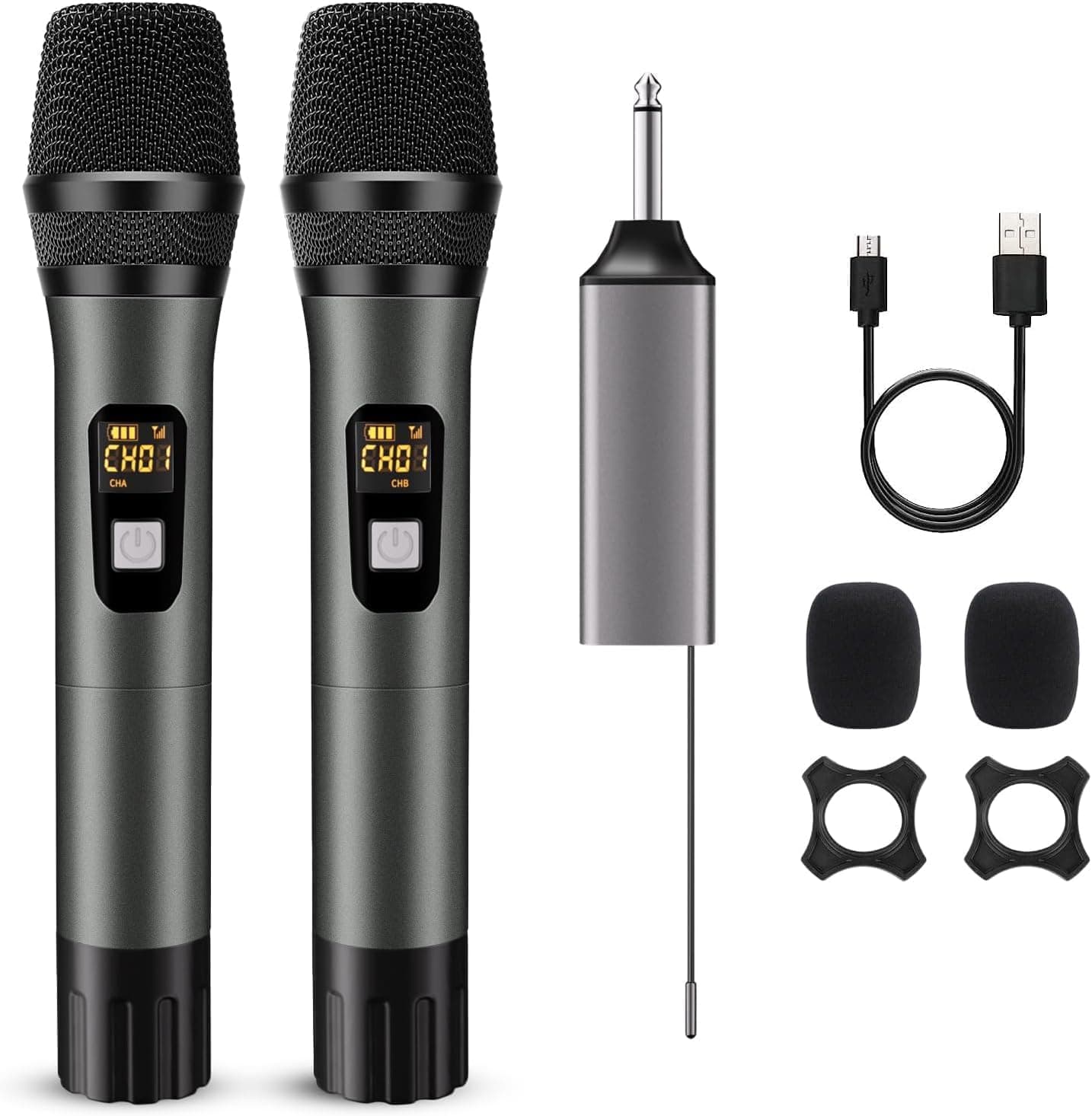 Wireless Microphone, Handheld UHF Dual Metal Cordless Dynamic Mic System with Rechargeable Receiver,200ft Range,for Karaoke, Speech, Party, Wedding, Church,Singing Machine-Auto Connect