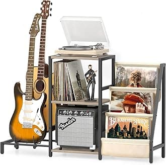 Bikoney Record Player Stand, Guitar Stand for Acoustic, Electric Guitar, Bass with Amp Stand, 3-Tier Vinyl Record Storage, Record Holder, Record Player Table for Living Room Bedroom White