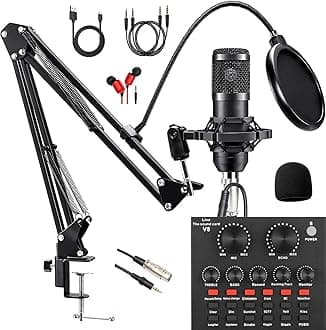 Podcast Equipment Bundle, with BM800 Podcast Microphone and V8 Sound Card, Voice Changer - Audio Interface -Perfect for Recording, Singing, Streaming and Gaming (V8-Black), SK01