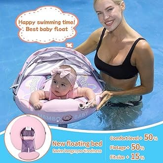 Mambobaby Newest Non Inflatable Baby Float Size Improved Add Tail Avoid Flip Over Swim Trainer Solid Infant Pool Float with Canopy UPF 50+ Swim Ring