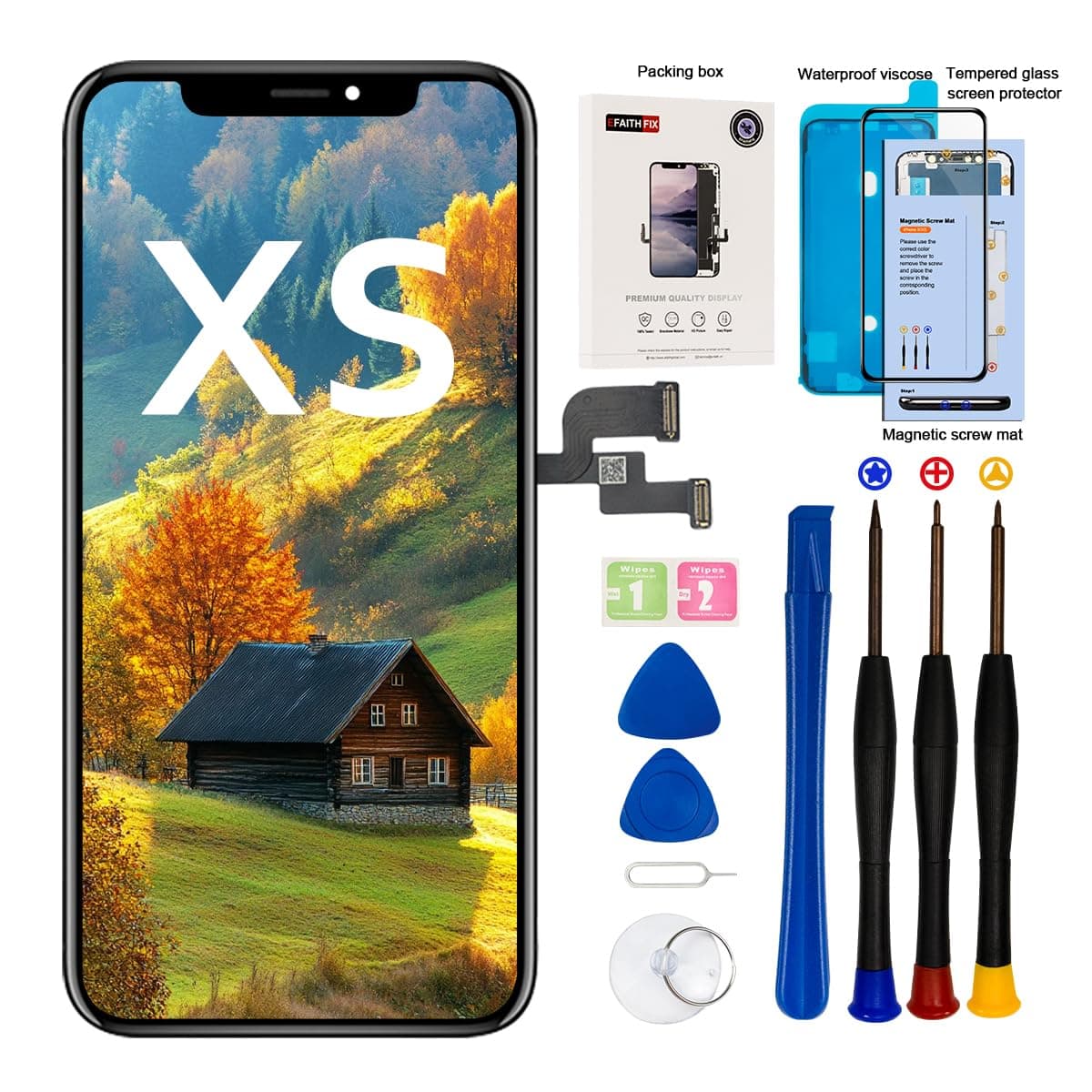 EFAITHFIX for iPhone Xs LCD Screen Replacement 5.8 Inch Assembly Display and 3D Touch Screen Digitizer with Repair Tools Kit for A1920/A2097/A2098/A2099/A2100 with Waterproof Adhesive Tempered Glass