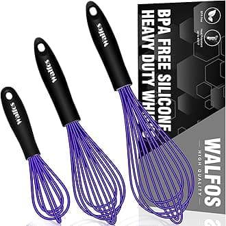 Walfos Whisk,7+9+11in Silicone Whisks for Cooking Non Scatch,Kitchen Whisk,BPA Free and Heat Resistant 480°F,Wisk Perfect for Frothing,Blending,Beating.Dishwasher Safe 3pcs Dark Purple