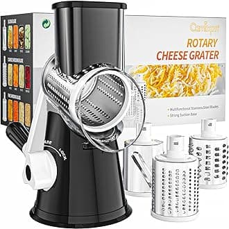 Cambom Rotary Cheese Grater Hand Crank Cheese Shredder for Fresh Cheese, Vegetable, Nuts,Non-slip Suction Base, Free Cleaning Brush Three Blades, Black