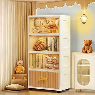 ABOUT SPACE Cabinet for Storage,4 Tier DIY Collapsible Wardrobe, Cupboard with Hidden Door,Drawer & Roller Wheels,Kitchen Crockery Units for Home,Office,Bedroom-L 49 x B 29.7 x H 106.5 cm,White