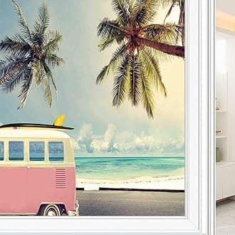 Surf Privacy Window Film, Minivan The Beach Retro Inspired Vacation Clouds in Summer Sky Honeymoon Destination, Glass Film for Home Office Living Room, W17.7 x L23.6 Inch Green Pink
