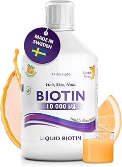 Biotin 10,000 UG Liquid Supplement - Pack of 500 ml, 33 Day Supply | Plus Vitamin C for Healthy Hair, Skin & Nails | Vegan & Gluten Free | 100% Natural Orange Flavour