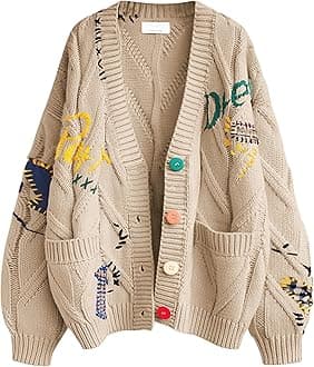 Women's Cable Knit Long Sleeve Open Front Cardigan Sheep V-Neck Button Down Embroidery Wool Blend Sweater Coat Outwear