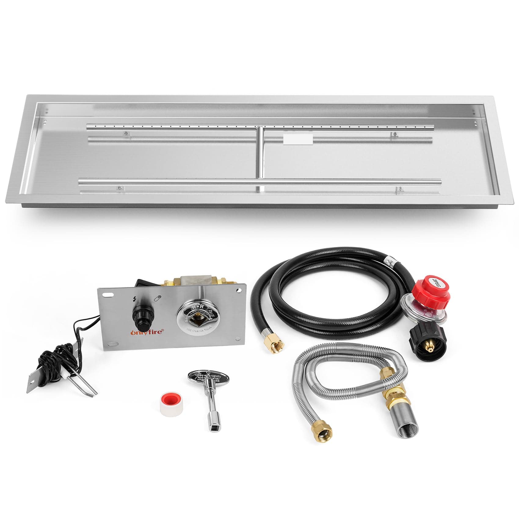 48 x 14 Inch Drop-in Fire Pit Pan Kit, Rectangular Stainless Steel Propane Gas Firepit Pan Kit with H Burner, Spark Ignition and Propane Hose Kit for Indoor or Outdoor DIY Fire Pit Fireplace