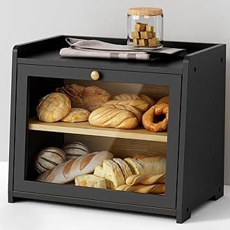 Black Bread Box for Kitchen Countertop, Large Storage Container for Homemade Bread, Wood Farmhouse Organizer for Kitchen Counter Corner, Cabinet, Pantry, Cupboard