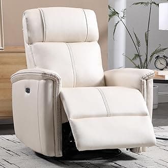 CANMOVPower Swivel Rocker Recliner Chair for Adults, Electric Swivel Glider Rocker Recliner for Nursery with USB Port, Faux Leather Upholstered Reclining Sofa Chair for Living Room,White