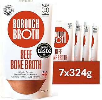 Organic Beef Bone Broth by Borough Broth - High in Collagen for Healthy Skin & Joints - High Protein & Low Calorie - Gluten Free - Grass Fed - Perfect for Gravy & Soups - Delivered Chilled - 7 x 324g